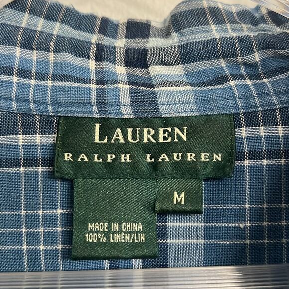 LRL 100% linen women’s Medium blue plaid long sleeve button up shirt, preppy - Picture 9 of 11